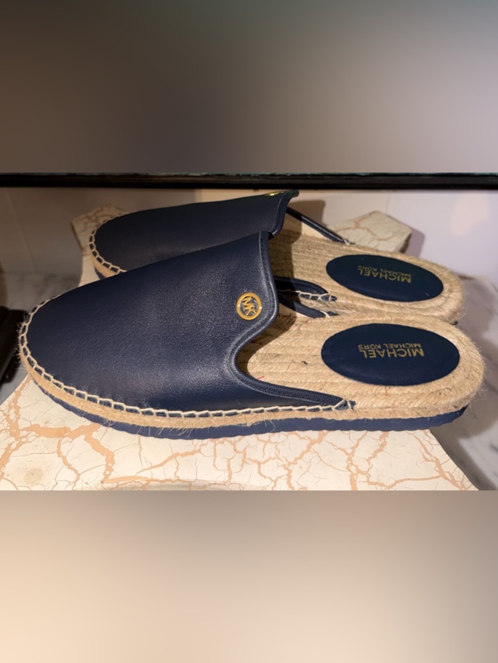 Michael Kors Navy Leather Espadrilles Slide with Gold Logo Accent